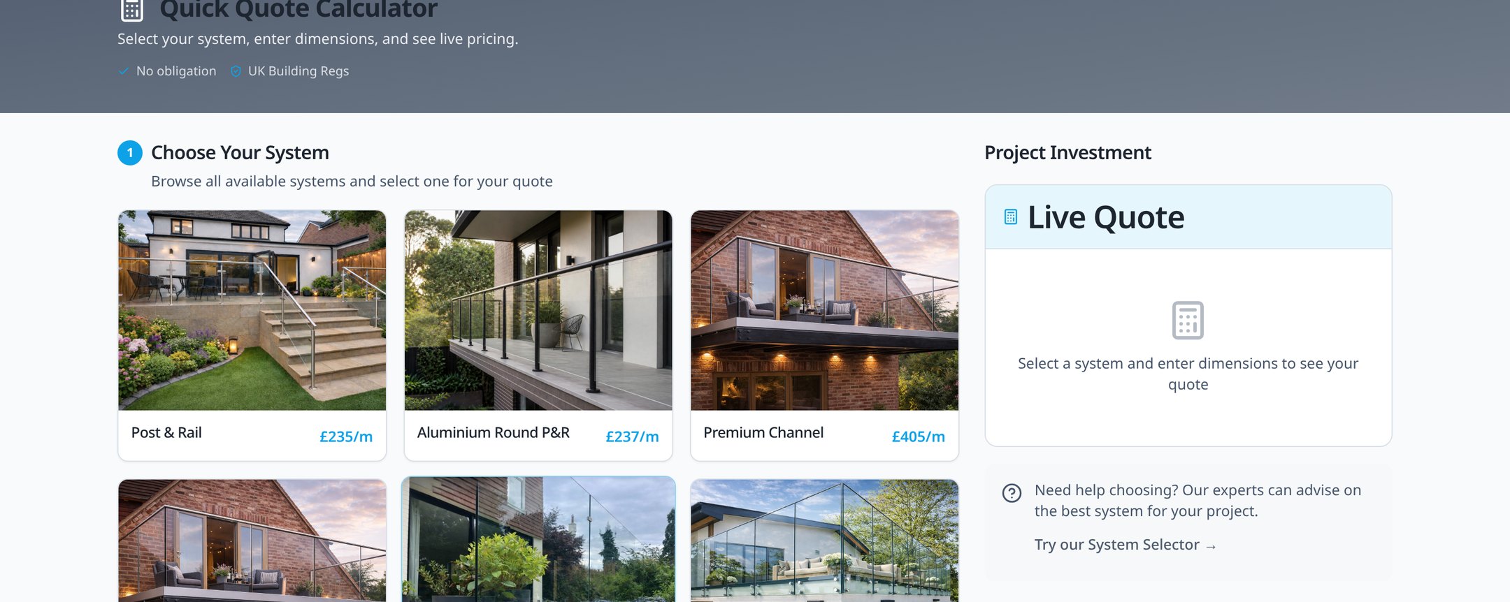 The Pinnacle Balustrades quick quote calculator showing systems and live pricing