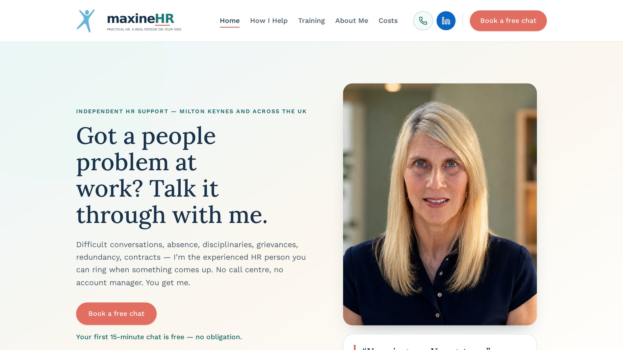 Maxine HR homepage introducing the independent Chartered MCIPD HR consultant