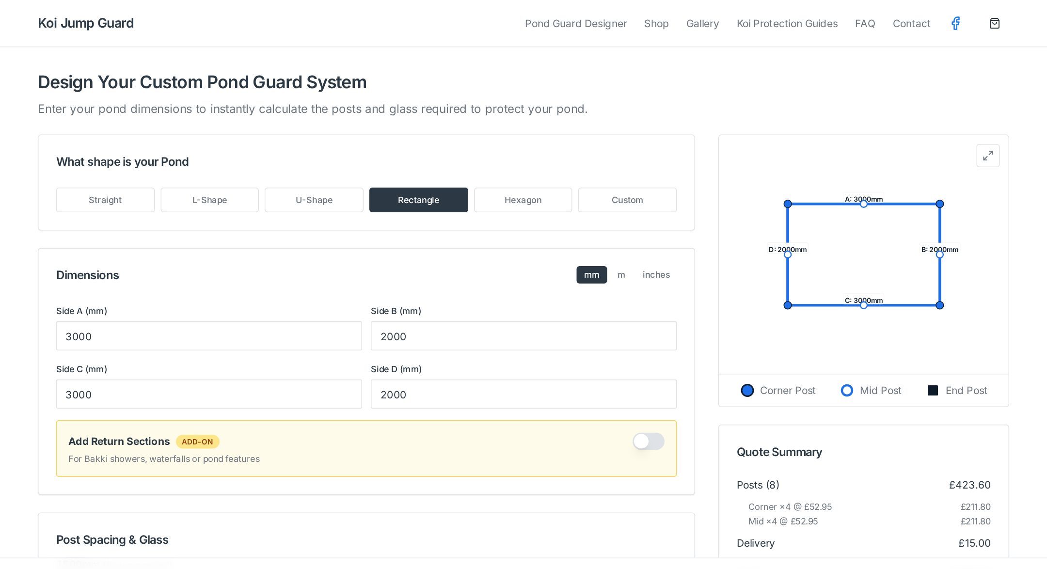 The Koi Jump Guards pond guard designer, where customers set out their own pond dimensions