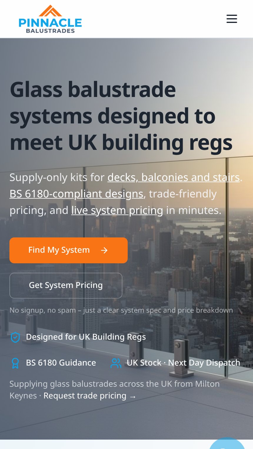The Pinnacle Balustrades website on a mobile phone