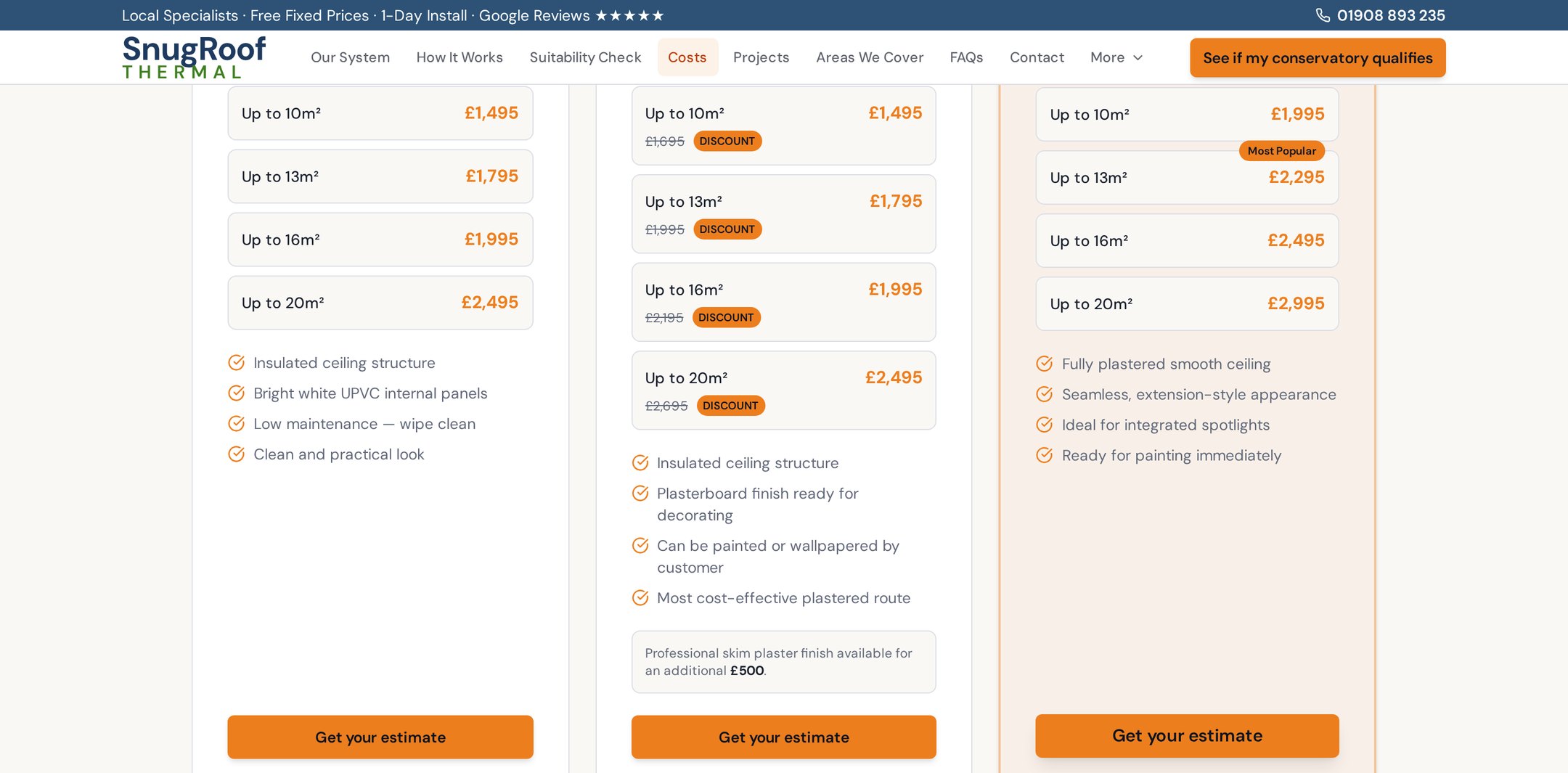 The SnugRoof Thermal costs page showing fixed prices for three ceiling finishes